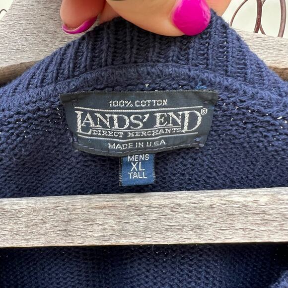 Vintage 90s Lands' End Navy Blue V-Neck Knit Grandpa Sweater Cozy XL TALL - Picture 2 of 7